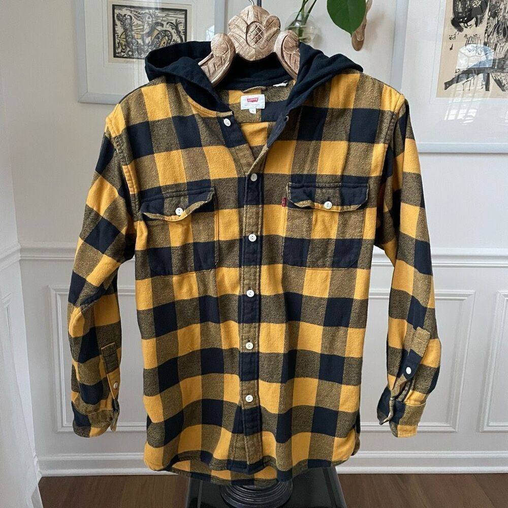 Levi’s Mustard Yellow Buffalo Plaid Button Up Hoodie Shirt S